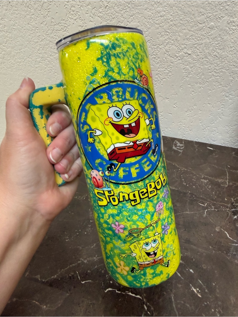 SpongeBob SquarePants Nautical Starbucks Glitter Tumbler 20oz Handle Handmade